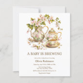 バジェットティーポットAベビーは醸造ベビーシャワー招待状 (正面)