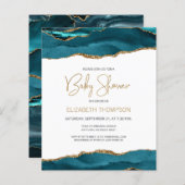 バジェットティール(緑がかった色)ブルー金ゴールドアガテベビーシャワー招待状 (正面/裏面)