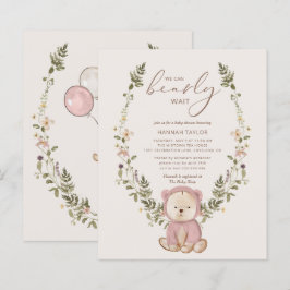 バジェットテディベアーピンクガールズベビーシャワー招待状