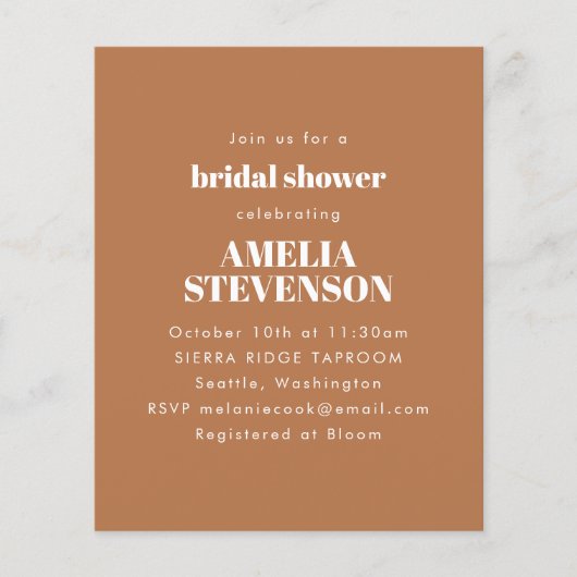 バジェットテラコッタミニマルブライダルシャワー招待状 (正面)