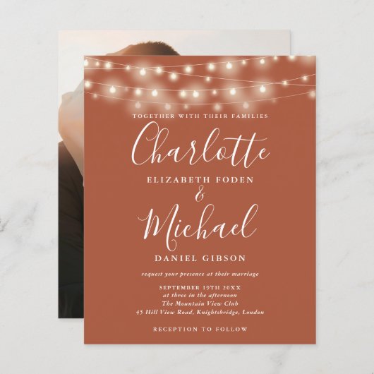 バジェットテラコッタライツフォト結婚式招待状 (正面/裏面)