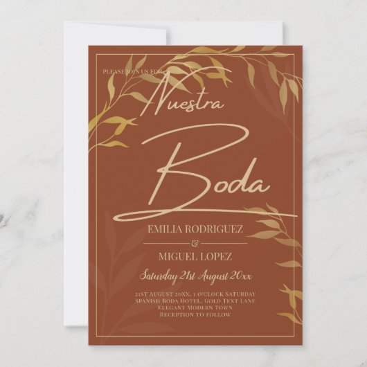 バジェットテラコッタ金ゴールドヌエストラボダウェッスペインのディン 招待状 (正面)