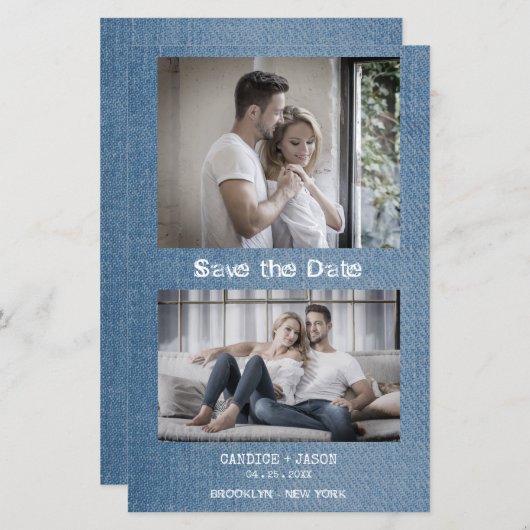 バジェットデニムテクスチャトレンディーロマ婚約したンチックフォト (正面/裏面)