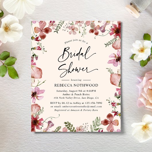 バジェットデュスキーピンクフローラブライダルシャワー招待