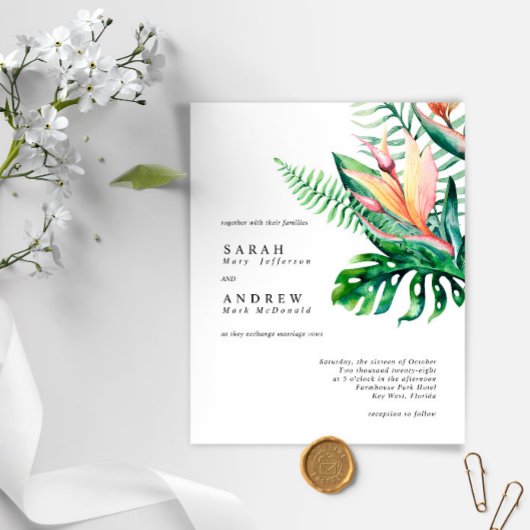 バジェットトロピカルグリーンリーフラワー結婚式招待状