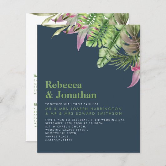 バジェットトロピカルネイビーミニマルブルーウェディング招待 (正面/裏面)