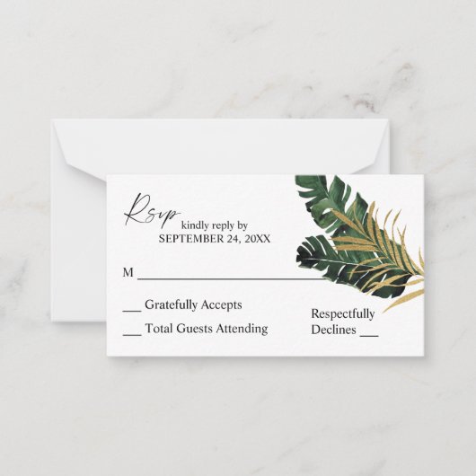 バジェットトロピカルパームリーフ金ゴールド2SM食事なしRSVP ノートカード (正面)