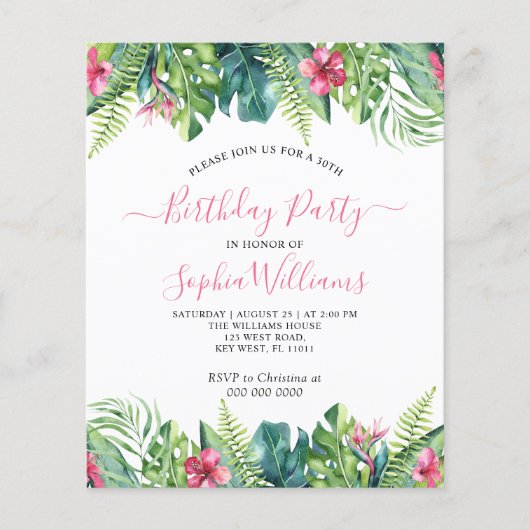バジェットトロピカルフラワーズバートデイパーティの招待状 (正面)