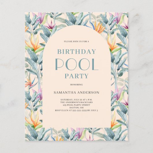 バジェットトロピカルプールパーティー誕生日招待状 チラシ (正面)