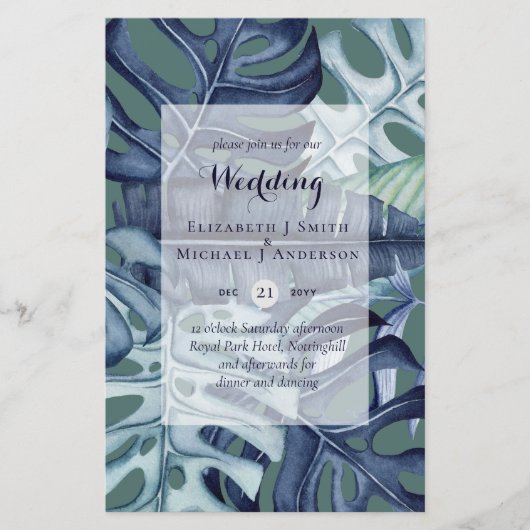 バジェットトロピカルリーフブルーティール（緑がかった色）ウェディング招待状 (正面)