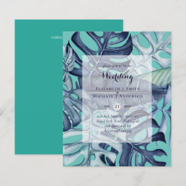 バジェットトロピカルリーフブルーティール（緑がかった色）ウェディング招待状
