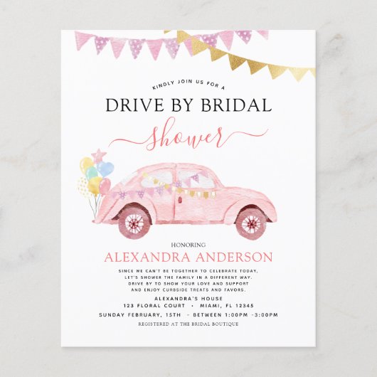 バジェットドライブバイブライダルシャワー赤面ピンクゴールドフォイル チラシ (正面)