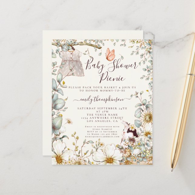 バジェットドレスガールベビーシャワーピクニック招待状 (正面/裏面インサイチュ)