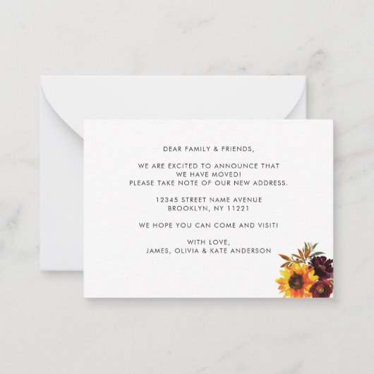 バジェットニューシーズンニューホーム秋ひまわりムービング ノートカード (裏面)