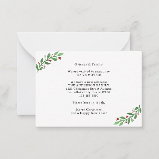 バジェットニューホームクリスマス2フォトホリディムービング ノートカード (裏面)