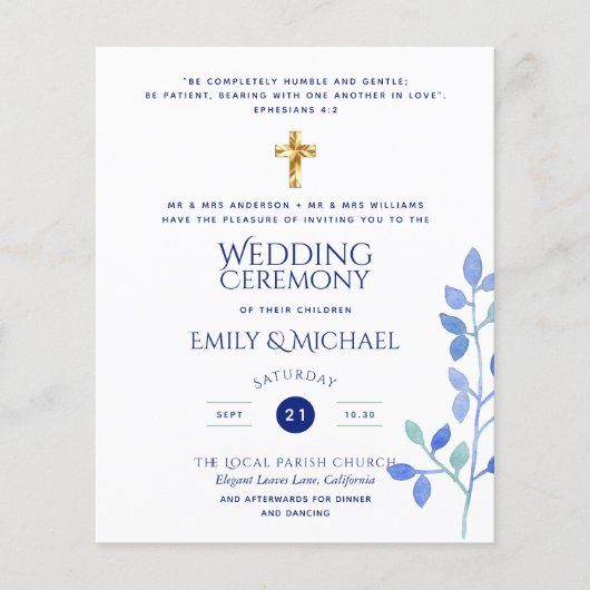 バジェットネイビーカトリックのキリスト教徒の結婚式の招待 (正面)