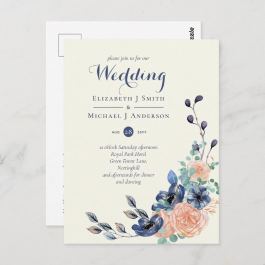 バジェットネイビーサンゴフローラ結婚式招待状 ポストカード (正面/裏面)