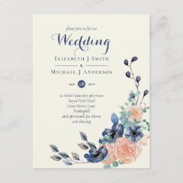バジェットネイビーサンゴフローラ結婚式招待状 ポストカード