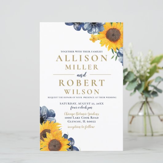 バジェットネイビーサンフラワー結婚式招待状 (スタンド正面)