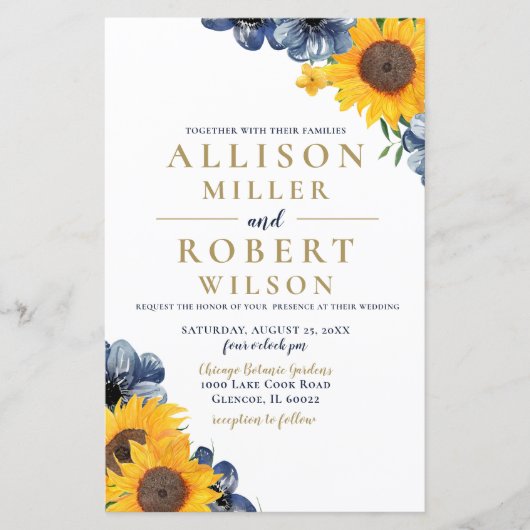 バジェットネイビーサンフラワー結婚式招待状 (正面)