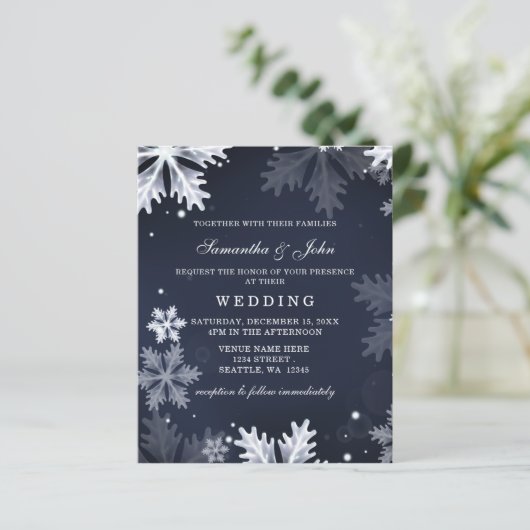 バジェットネイビースノーフレーク冬の結婚式の招待状 (スタンド正面)