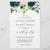 バジェットネイビーピンクエレガントフローラ結婚式招待状 チラシ (正面)
