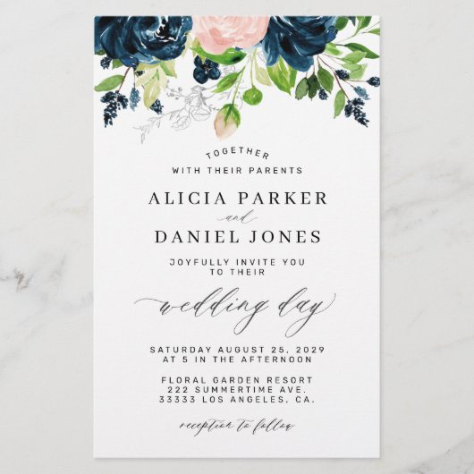バジェットネイビーピンクエレガントフローラ結婚式招待状 チラシ (正面)