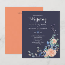 バジェットネイビーピーチフローラ結婚式招待状