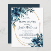 バジェットネイビーフラワー&金ゴールドブライダルシャワー招待 (正面/裏面)