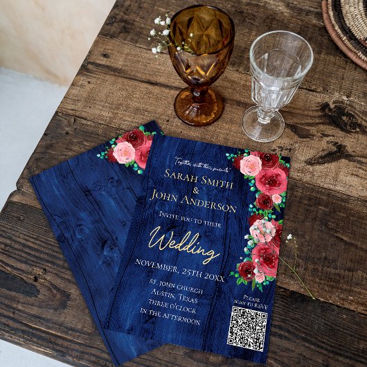 バジェットネイビーブルガンディウォーターカラー結婚式招待状 チラシ