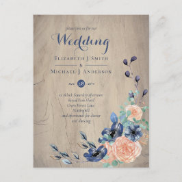 バジェットネイビーブルーとコーラル結婚ズウッドランド ポストカード