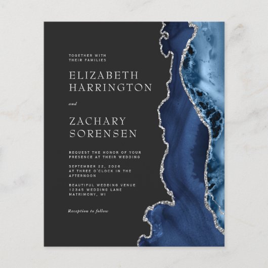 バジェットネイビーブルーアガテシルバー結婚式招待状 (正面)