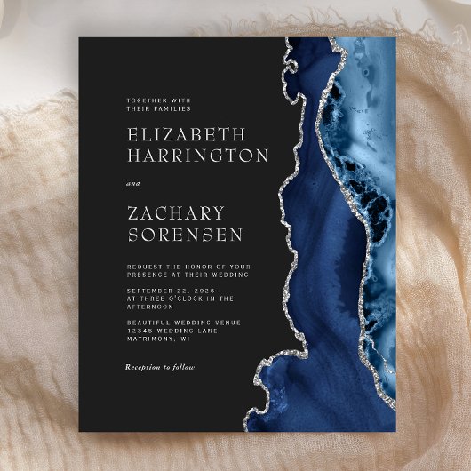 バジェットネイビーブルーアガテシルバー結婚式招待状