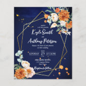 バジェットネイビーブルーオレンジ白いバラの結婚式の招待 (正面)