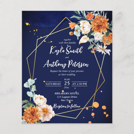 バジェットネイビーブルーオレンジ白いバラの結婚式の招待 (正面)
