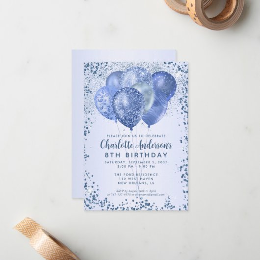 バジェットネイビーブルーグリッターバルーン子供の誕生日 ノートカード (正面/裏面インサイチュ)