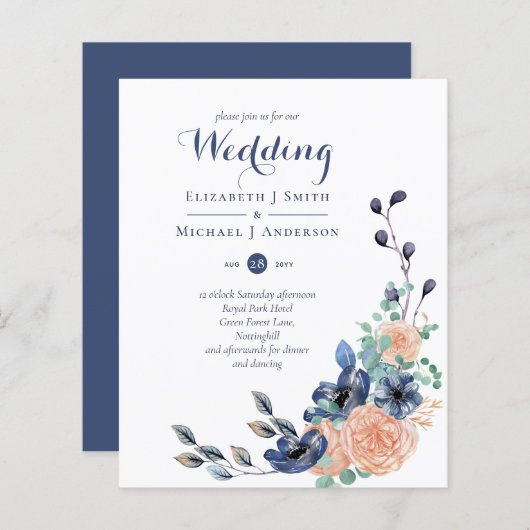 バジェットネイビーブルーコーラルフローラ結婚式の招待 (正面/裏面)