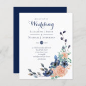 バジェットネイビーブルーコーラルフローラ結婚式の招待 (正面/裏面)