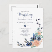 バジェットネイビーブルーコーラルフローラ結婚式の招待 ポストカード (正面/裏面)
