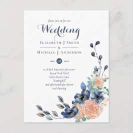 バジェットネイビーブルーコーラルフローラ結婚式の招待 ポストカード