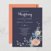 バジェットネイビーブルーコーラルフローラ結婚式の招待 ポストカード (正面/裏面)