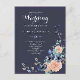 バジェットネイビーブルーコーラルフローラ結婚式の招待 ポストカード