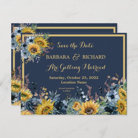 バジェットネイビーブルーサンフラワー救フローラ日 招待状 (正面/裏面)