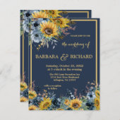 バジェットネイビーブルーサンフラワー結婚フローラ 招待状 (正面/裏面)