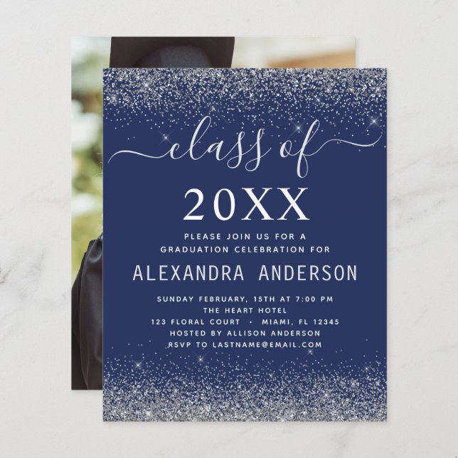 バジェットネイビーブルーシルバーフォト卒業2023 (正面/裏面)