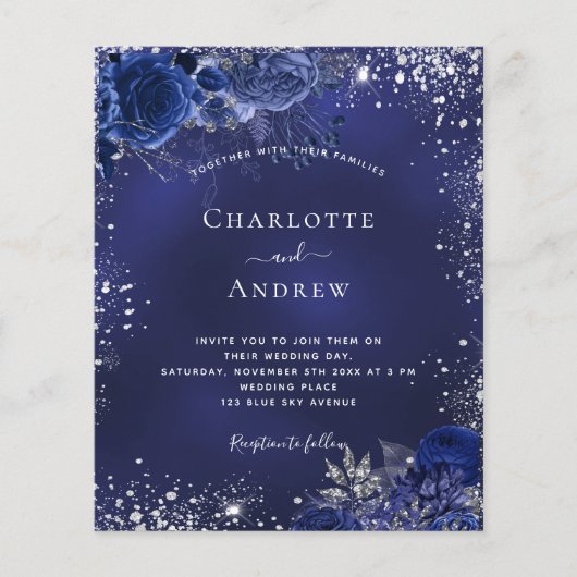 バジェットネイビーブルーシルバーフローラ結婚式招待状 (正面)