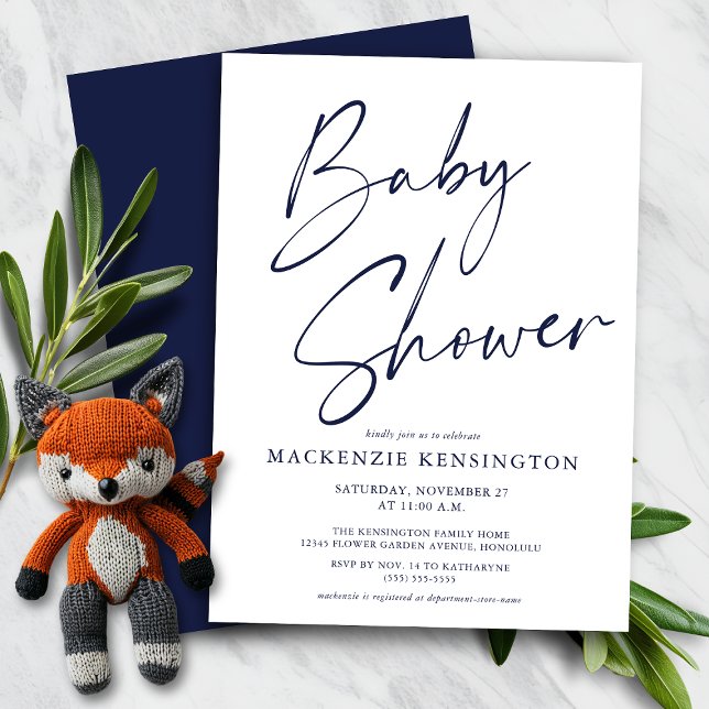 バジェットネイビーブルースクリプトボーイベビーシャワー招待状 (Budget Navy Blue Script Boy Baby Shower Invitation)