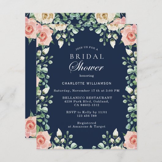 バジェットネイビーブルーピンクフローラブライダルシャワーフライヤー (正面/裏面)