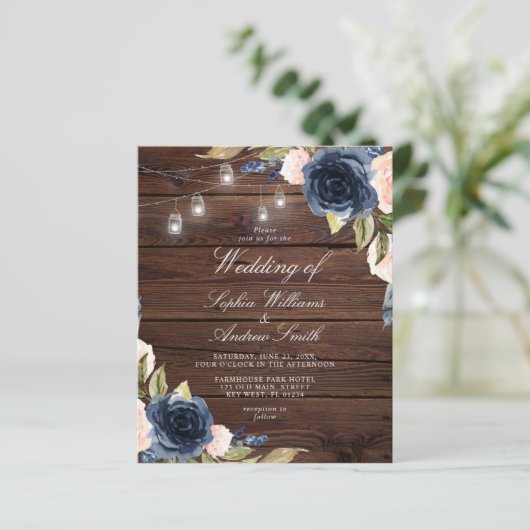 バジェットネイビーブルーフラワーズ素朴結婚式招待状 (スタンド正面)