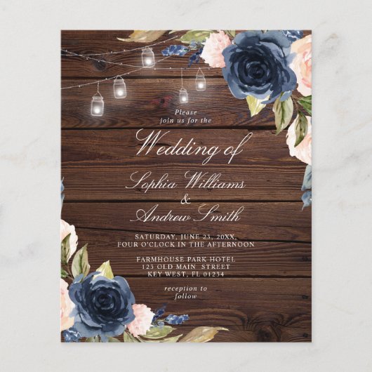 バジェットネイビーブルーフラワーズ素朴結婚式招待状 (正面)